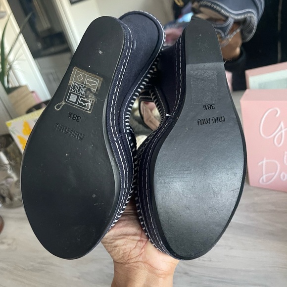 Mui Mui Marine Blue Denim top stitch canvas wedge 6” - Picture 3 of 4